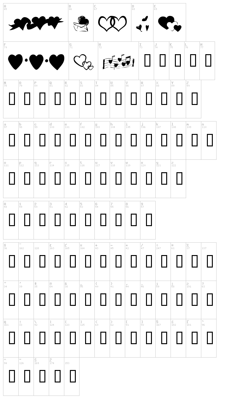 KR Hearts Along font map